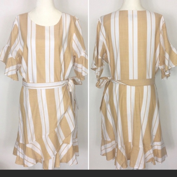 EXPRESS Ruffle Sleeve Stripe Lined Faux Wrap Dress, Size L - Picture 7 of 10